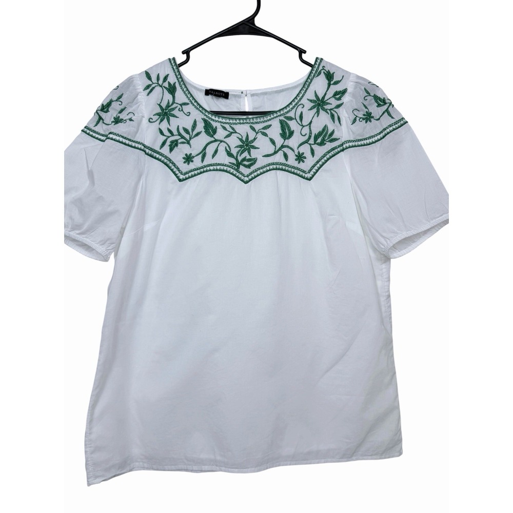 Talbots Blouse Small White Cotton Embroidered Floral Boho Short Sleeve Top